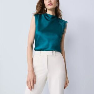 Ann Taylor Teal Satin Blouse with Lace Detail